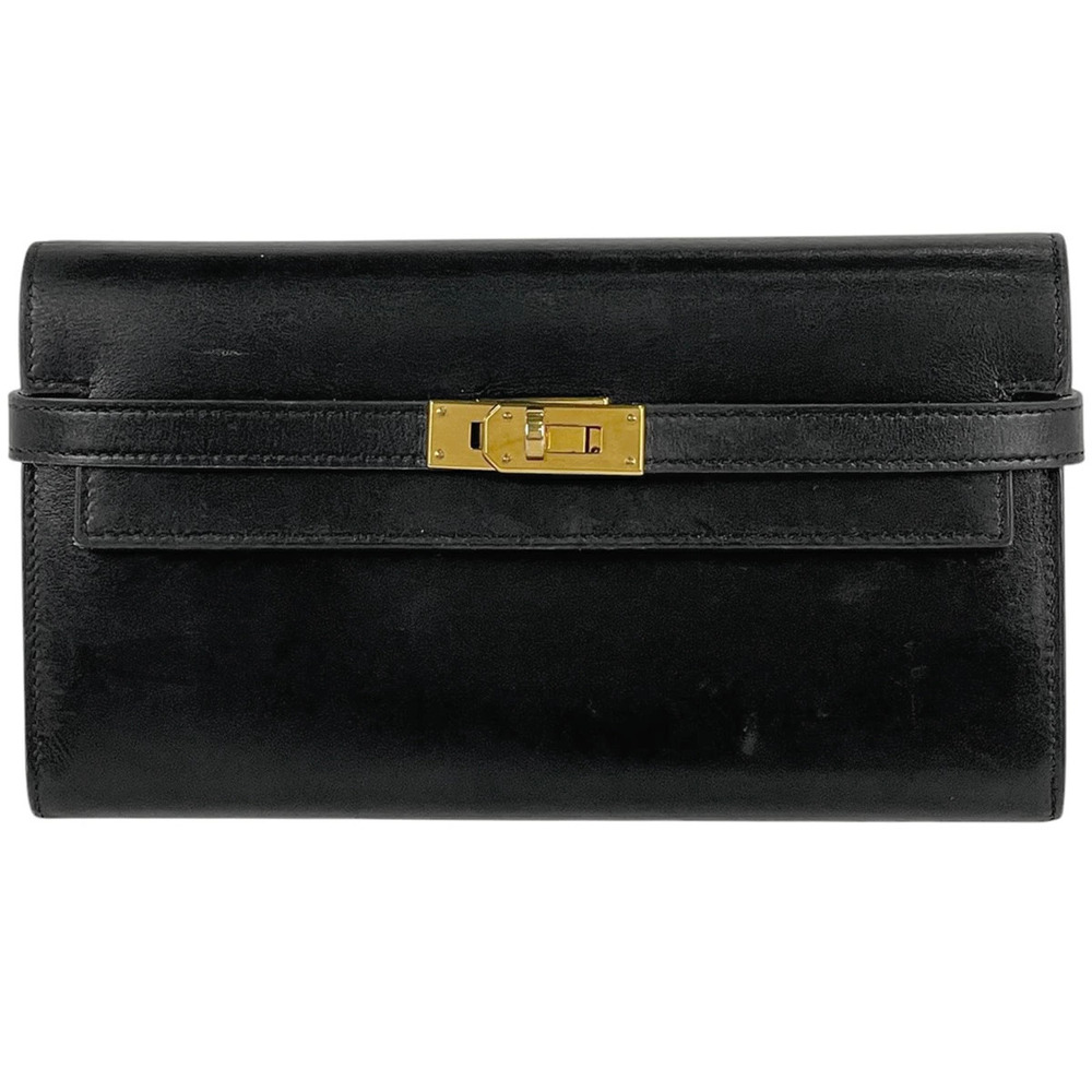 Hermes Kelly Wallet Long Billfold Coin Purse Bi fold Leather Black C